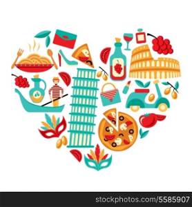 Italy decorative elements icons set in heart shape vector illustration