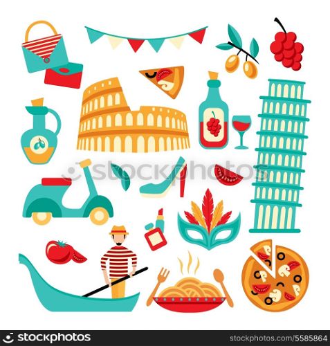 Italy decorative elements set of pizza spaghetti pisa tower isolated vector illustration