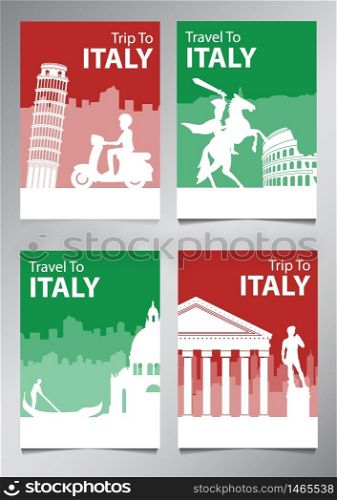Italy famous landmark and symbol in silhouette style with national flag color theme brochure set,vector illustration