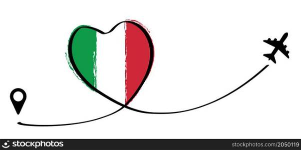 Italy flag, Love Romantic travel airplane line path of air plane flight route with start point icon. Air plane flying. Vector fly pin location pointer route sign. For happy romance holliday fun.
