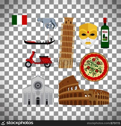 Italy flat icons set isolated on transparent background, vector ilustration. Italy icons set on transparent background