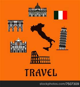 Italy flat travel symbols and icons with map silhouette surrounded by national flag, tower of Pisa, Colosseum, arch of Constantine, Sienna cathedral and st. Peter Basilica. Italy flat travel symbols and icons