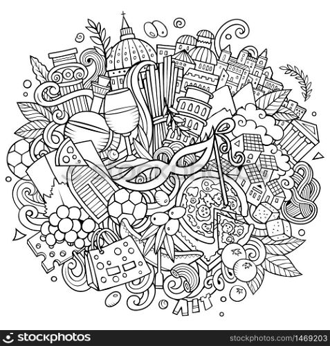 Italy hand drawn cartoon doodles illustration. Funny travel design. Creative art vector background. Italian symbols, elements and objects.. Italy hand drawn cartoon doodles illustration. Funny travel design.