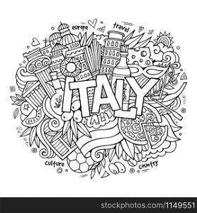 Italy hand lettering and doodles elements background. Vector illustration. Italy hand lettering and doodles elements background