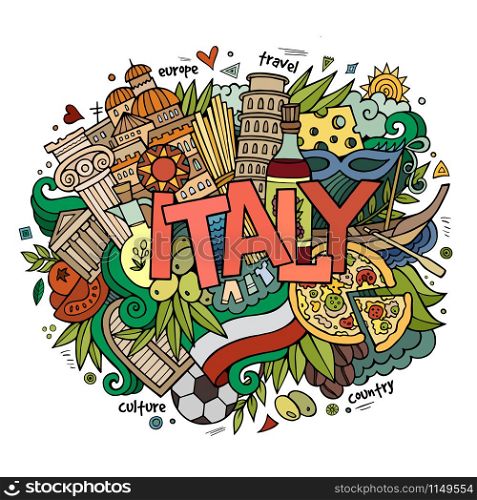 Italy hand lettering and doodles elements background. Vector illustration. Italy hand lettering and doodles elements background