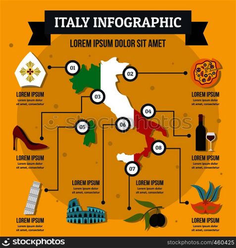 Italy infographic banner concept. Flat illustration of Italy infographic vector poster concept for web. Italy infographic concept, flat style