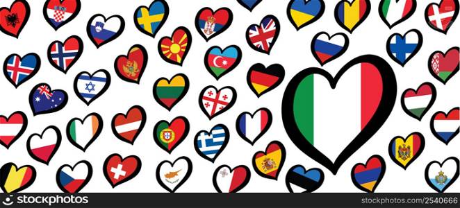 Italy italia italian flag and different countries flags with heart flags. For Europe, eurovision music song festival, contest. Music songs for vision dreams. Vector euro. Winnar 2021, Torino, torin 2022