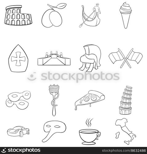 Italy set icons in outline style isolated on white background. Italy icon set outline