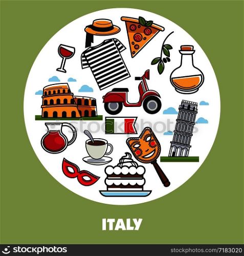 Italy sightseeing landmarks and famous travel attractions poster. Vector symbols of Italian flag, Rome cathedral and Pisa tower or Coliseum, Venetian carnival mask, pizza and pasta or coffee and vine. Italy travel landmark symbols vector poster