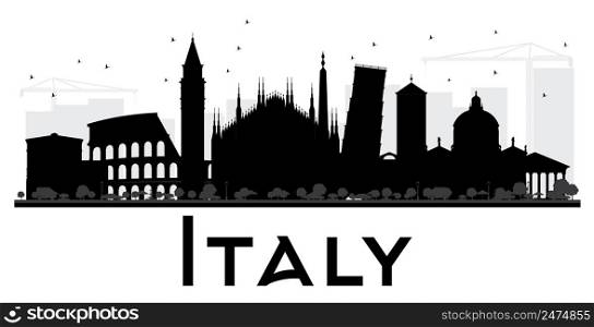 Italy skyline black and white silhouette. Vector illustration. Simple flat concept for tourism presentation, banner, placard or web site. Business travel concept. Cityscape with landmarks