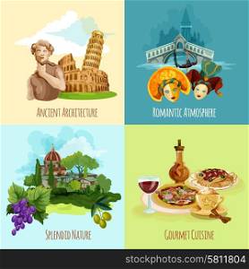 Italy touristic design concept set with architecture nature and cuisine cartoon icons isolated vector illustration. Italy Touristic Set