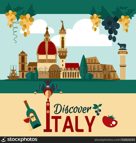 Italy touristic poster with historical landmarks and food symbols vector illustration. Italy Touristic Poster