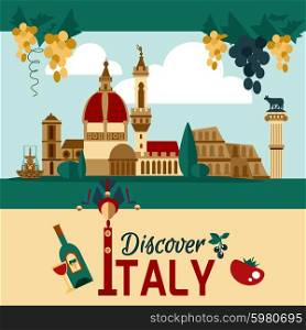 Italy touristic poster with historical landmarks and food symbols vector illustration. Italy Touristic Poster