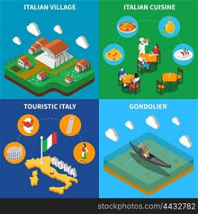 Italy Travel 4 Isometric Icons Square. Italian top touristic attractions 4 isometric icons square poster with countryside food and gondolier abstract isolated vector illustration