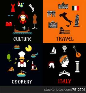 Italy travel concept with traditional symbols of italian architecture, history, culture and cuisine. Flat icons. Italy landmarks, culture ans cuisine flat icons