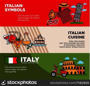 Italy travel destination posters with national symbols and cuisine. Architectural attractions, famous Italian pizza and delicious food. Journey to European country commercials vector illustrations.. Italy travel destination posters with national symbols and cuisine