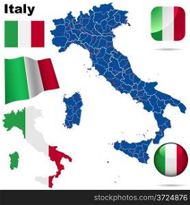 Italy vector set. Detailed country shape with region borders, flags and icons isolated on white background.