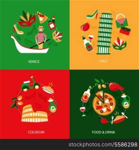 Italy venice coliseum food and drink decorative elements set isolated vector illustration