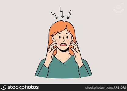 Itchy head and scalp concept. Stressed irritated woman standing and having itchy cheeks and scalp feeling problems with health vector illustration . Itchy head and scalp concept