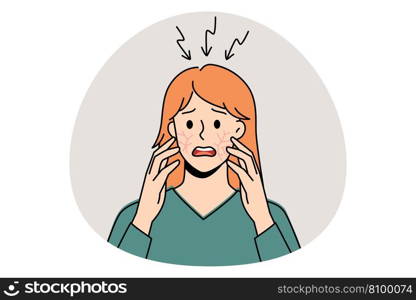 Itchy head and scalp concept. Stressed irritated woman standing and having itchy cheeks and scalp feeling problems with health vector illustration. Itchy head and scalp concept