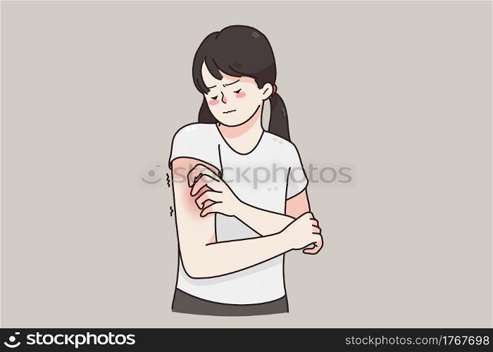 Itchy skin, allergy, skin problems concept. Young frustrated girl cartoon character standing touching red damaged skin over grey background vector illustration . Itchy skin, allergy, skin problems concept