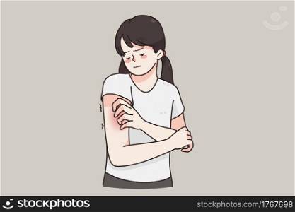 Itchy skin, allergy, skin problems concept. Young frustrated girl cartoon character standing touching red damaged skin over grey background vector illustration . Itchy skin, allergy, skin problems concept