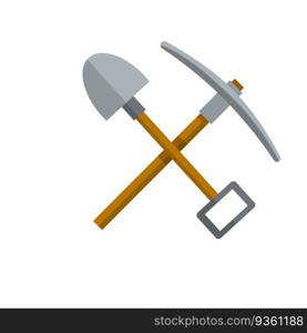 Items for extraction of minerals. Cartoon flat illustration. Logo of Labour and work. Rural tool. Iron pickaxe. Pick and shovel. Miner and digger tool.