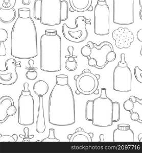 Items for newborn. Hand drawn baby toys and accessories. Vector seamless pattern . Items for newborn. Vector pattern