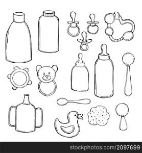 Items for newborn. Hand drawn baby toys and accessories. Vector sketch illustration.. Items for newborn. Vector sketch illustration.