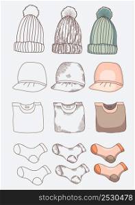 Items of clothing. Things - hat, cap, socks, folded T-shirt. Different design options - outline, stroke, vintage, outline and color. Vector illustration