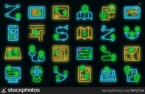 Itinerary icons set. Outline set of itinerary vector icons neon color on black. Itinerary icons set vector neon