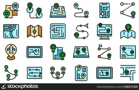 Itinerary icons set. Outline set of itinerary vector icons thin line color flat on white. Itinerary icons set vector flat
