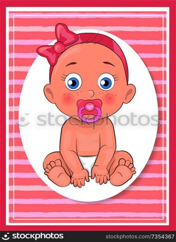Its a girl poster for baby shower day vector of newborn infant with pacifier in diapers isolated on pink, female toddler in oval frame greeting card. Its a Girl Poster Dedicated to Baby Shower Day