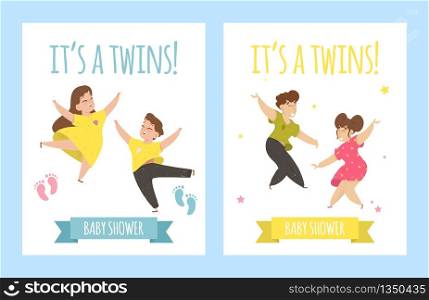 Its a Twins, Baby Shower Card Set. Invitation Template with Hand Lettering and Cute Children Boy and Girl Happily Dancing. Foot Prints and Ribbon with Typography. Cartoon Flat Vector Illustration. It&rsquo;s a Twins! Baby Shower Card Invitation Template