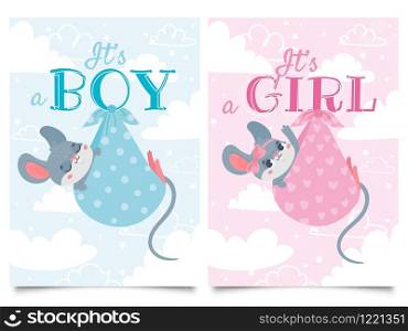 Its Boy and Girl cards. Baby shower label with cute mouse, mice children vector cartoon illustration set. Party invitation templates in blue and pink colors with adorable newborn rodent animals.. Its Boy and Girl cards. Baby shower label with cute mouse, mice children vector cartoon illustration set