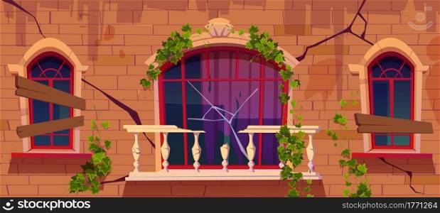 Ivy on antique abandoned building facade, vines with green leaves climbing at boarded up windows and broken marble balcony railing. Vintage house exterior with cracked wall Cartoon vector illustration. Ivy on antique abandoned building cracked facade
