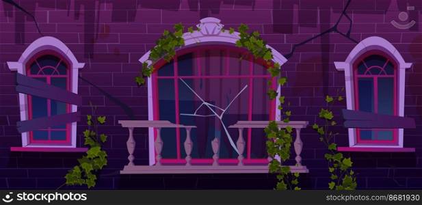 Ivy on antique abandoned building facade, vines with green leaves climbing at boarded up windows and broken marble balcony railing. Night house exterior with cracked wall Cartoon vector illustration. Ivy on antique abandoned building facade at night