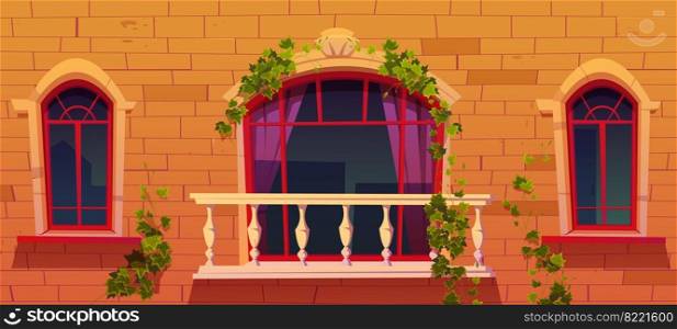 Ivy on antique building facade, vines with green leaves climbing at window sills and marble balcony railing. Vintage house exterior with creeper plant hanging on wall, Cartoon vector illustration. Ivy on antique building facade, vines with leaves