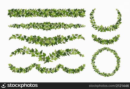 Ivy vector vines and wreaths, and decorative elements made of green leaves, isolated on white background. Vector illustration in flat cartoon style. Ivy vector vines and wreaths, and decorative elements made of green leaves, isolated on white background. Vector illustration in flat cartoon style.