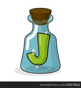J in retro laboratory flask bottle. Letter in old magic potion bottle with wooden stopper. Bottle for scientific research and experimentation. Vector illustration