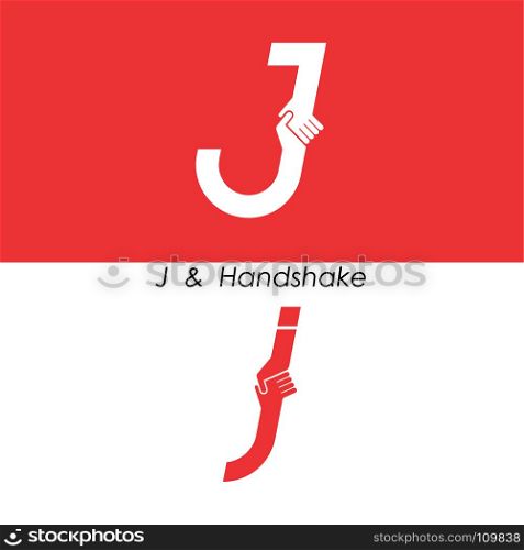 J- Letter abstract icon & hands logo design vector template.Teamwork and Partnership concept.Business offer and Deal symbol.Vector illustration