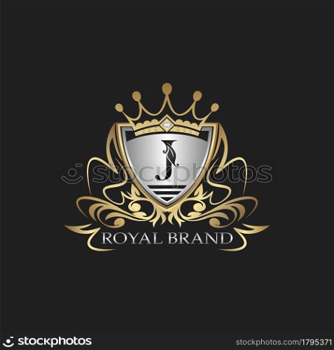 J Letter Gold Shield Logo. Elegant vector logo badge template with alphabet letter on shield frame ornate vector design.