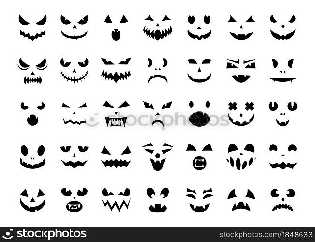 Jack face. Autumn Halloween celebration creepy monster faces with scary emotions. Vector isolated set design creepy gloomy silhouettes. Jack face. Autumn Halloween celebration creepy monster faces with scary emotions. Vector isolated set
