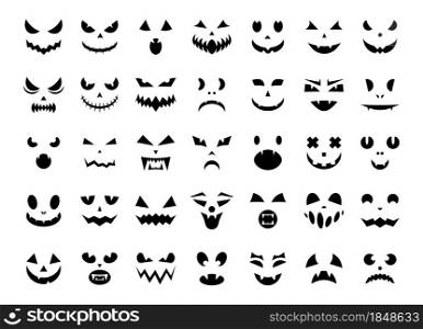 Jack face. Autumn Halloween celebration creepy monster faces with scary emotions. Vector isolated set design creepy gloomy silhouettes. Jack face. Autumn Halloween celebration creepy monster faces with scary emotions. Vector isolated set