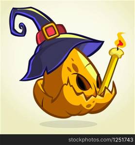 Jack-O-Lantern. Halloween pumpkin head in blue witch hat holding candle. Vector illustration isolated on dark background