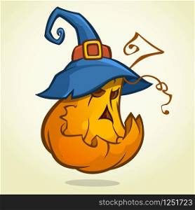 Jack-O-Lantern. Halloween pumpkin with black witches hat. Vector illustration.