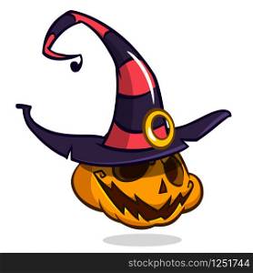 Jack-O-Lantern. Halloween pumpkin with smiling expression in witch hat. Vector illustration isolated on white background