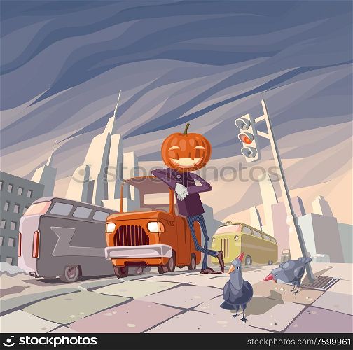 Jack O? Lantern is staying near his orange funny retro car in the middle of the main street in a big city. There are two pigeons wearing holiday caps near Jack. Jack O? Lantern and His Orange Car