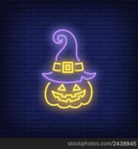 Jack o lantern neon sign. Luminous signboard with pumpkin in hat. Night bright advertisement. Vector illustration in neon style for Halloween, holiday, decoration