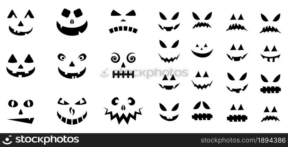 Jack o lantern smile template. Spooky face expression for halloween pumpkin. Vvector black silhouette design isolated on white.